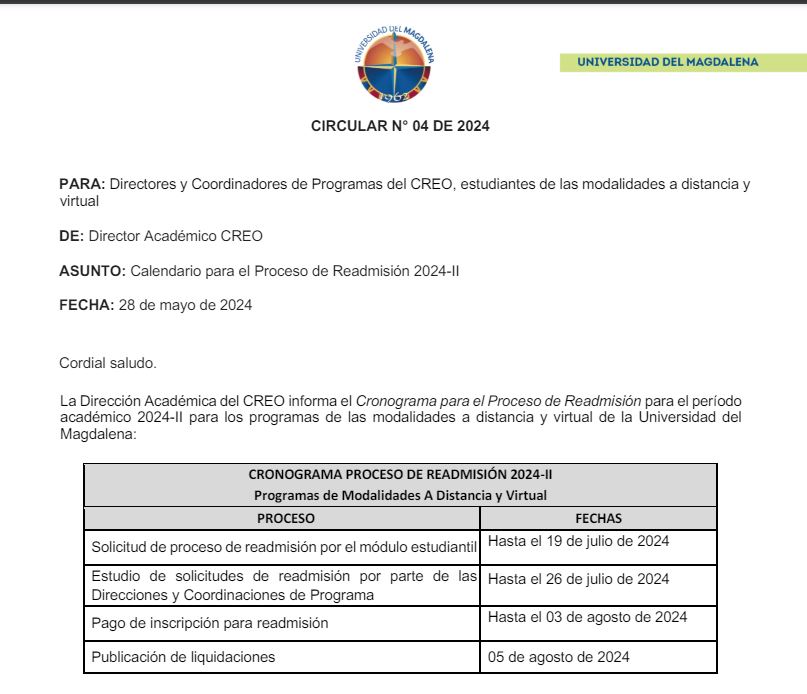 Circular 04 del 28 de mayo 2024
Calendario proceso de readmisión 2024-2