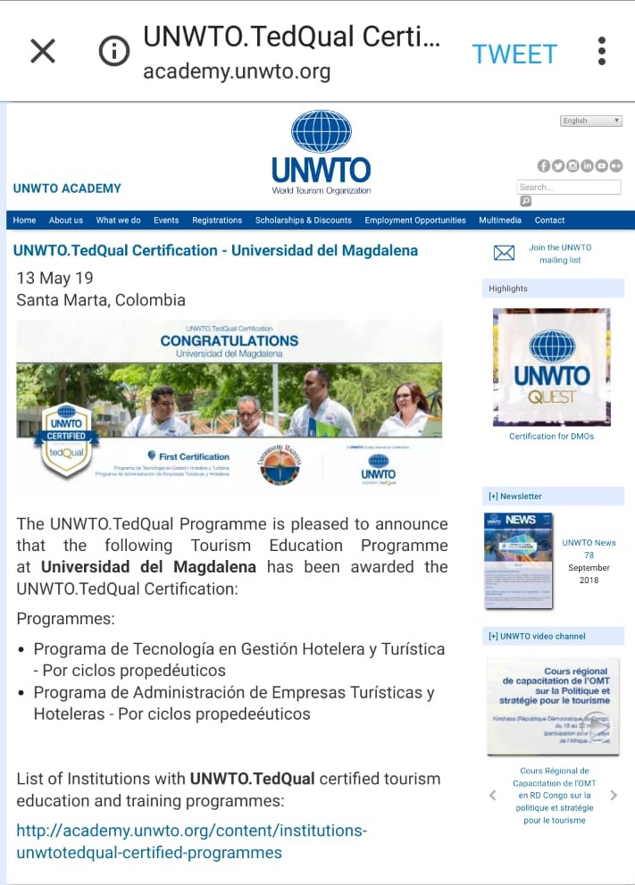 Programas de Turismo de UNIMAGDALENA obtuvieron Certificación Internacional TedQual