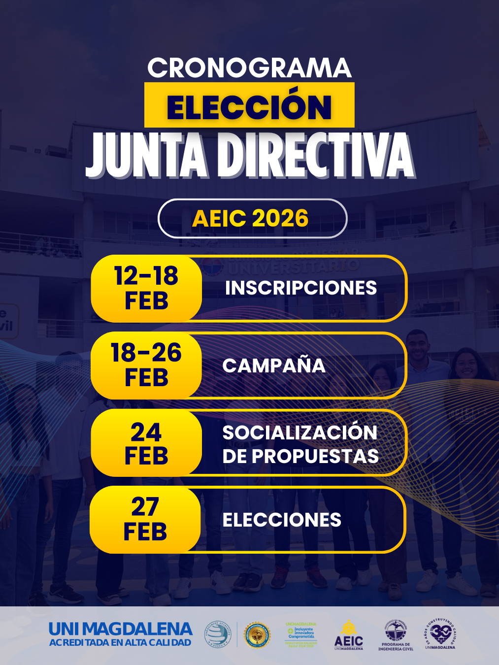 Pieza gráfica oficial de la AEIC con información sobre el proceso de elección de la Junta Directiva 2026