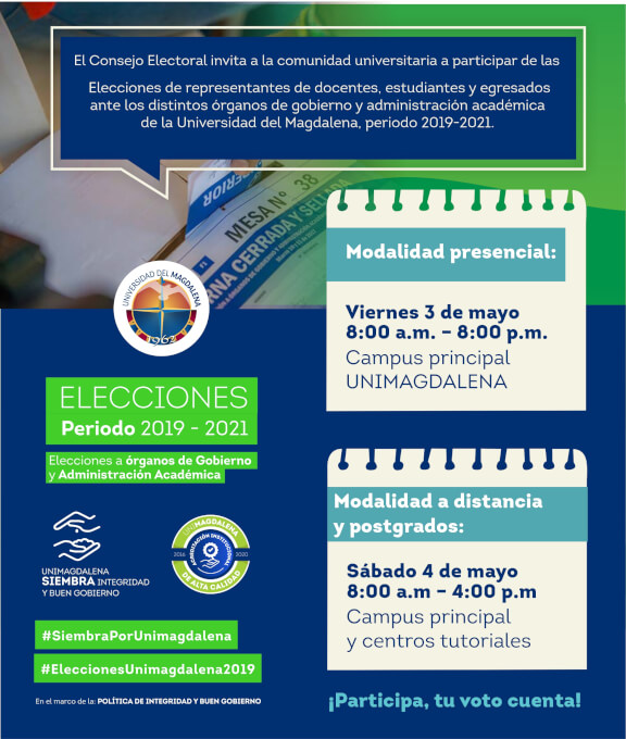 Elecciones de representantes de docentes, estudiantes y egresados ante los distintos órganos de Gobierno y administración académica de la Universidad del Magdalena para el período 2019-2021