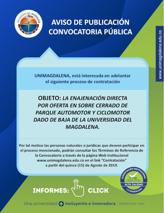 Enajenación directa por oferta en sobre cerrado por parte de la Universidad
del Magdalena de la propiedad del parque automotor y ciclomotor en desuso