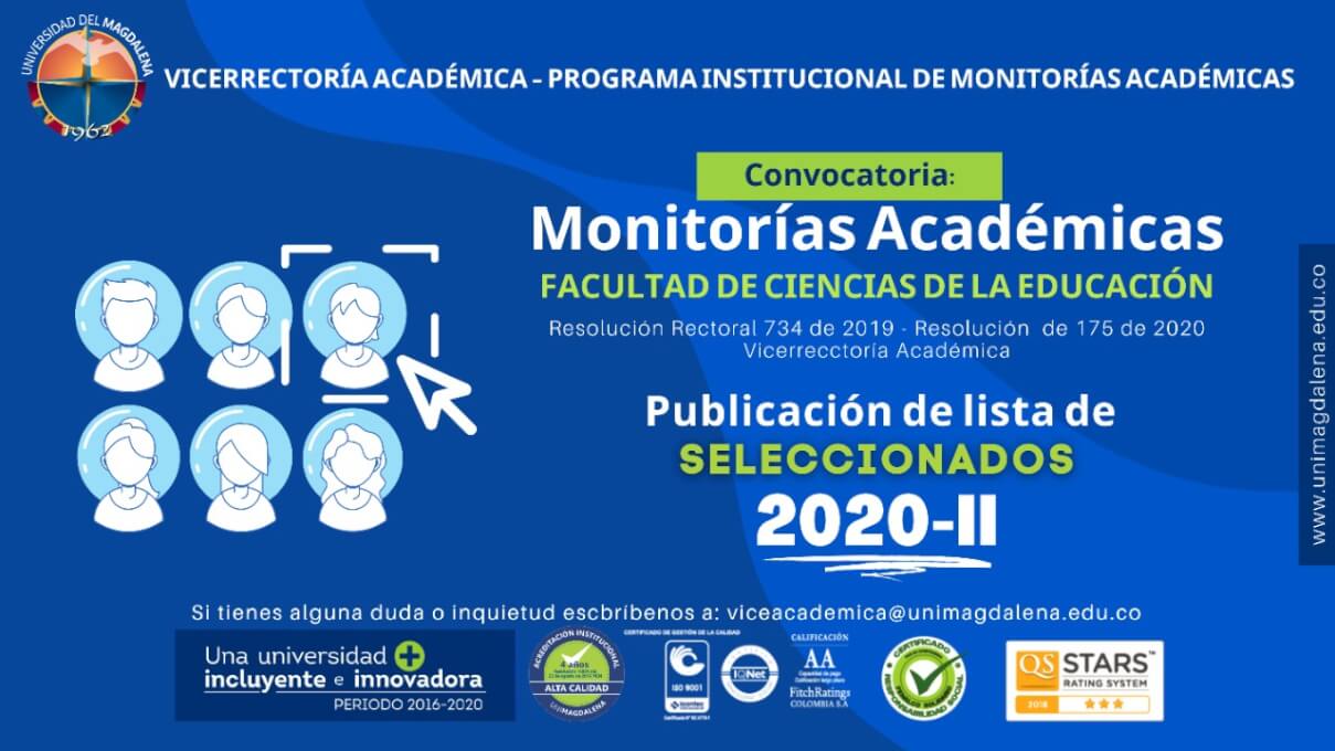 Lista de monitores seleccionados Facultad de Educación, convocatoria 2020-II.