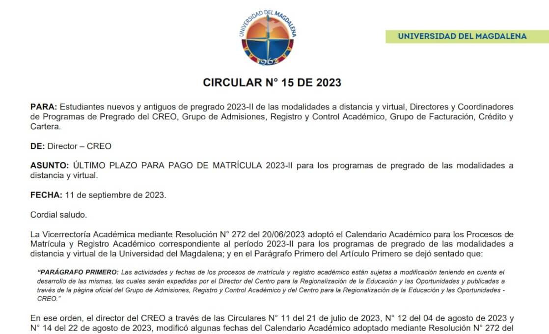 CIRCULAR N° 15 DE 2023