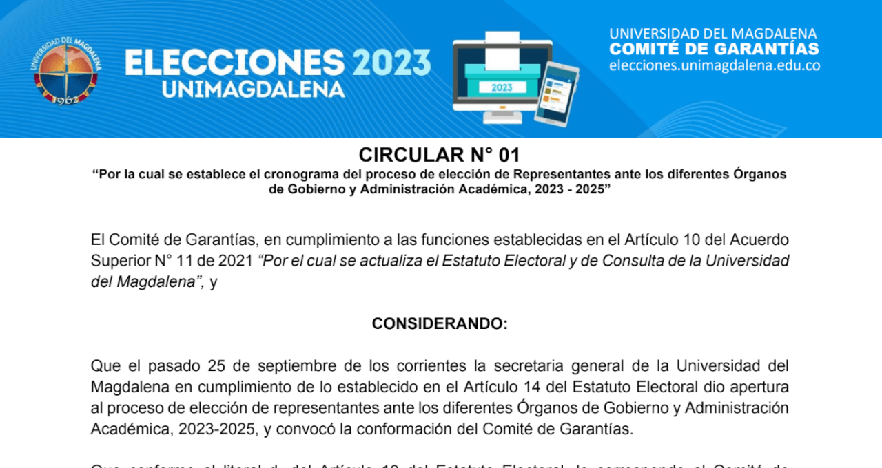 CIRCULAR N° 001 DE 2023 - CALENDARIO - ELECCIONES UNIMAGDALENA 2023