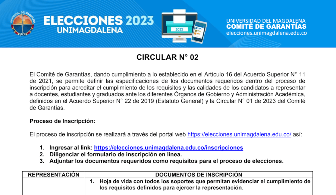 CIRCULAR N° 002 DE 2023 - INSCRIPCIÓN- ELECCIONES UNIMAGDALENA 2023