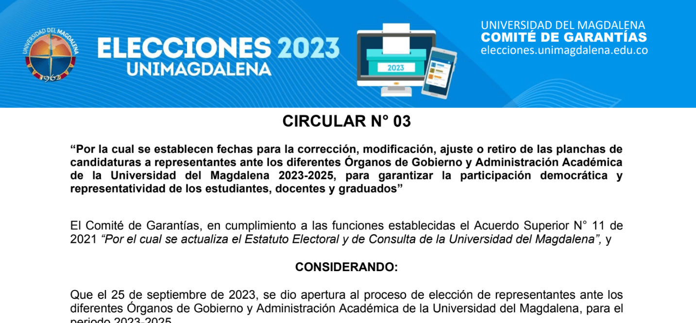 CIRCULAR N° 003 DE 2023 - ELECCIONES UNIMAGDALENA 2023