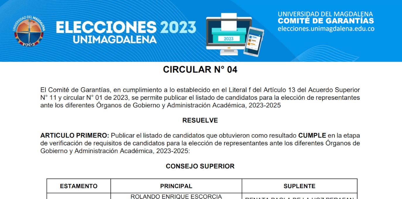 CIRCULAR N° 004 DE 2023 - ELECCIONES UNIMAGDALENA 2023