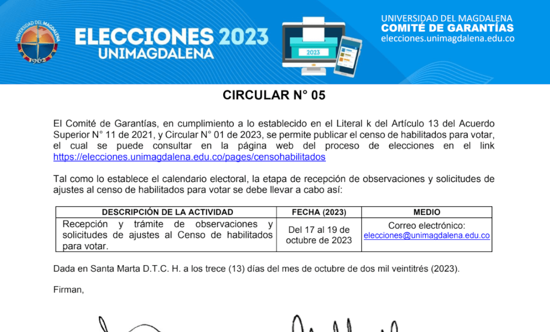 CIRCULAR N° 005 DE 2023 - ELECCIONES UNIMAGDALENA 2023