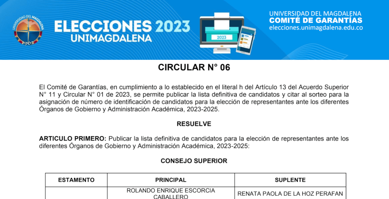 CIRCULAR N° 006 DE 2023 - ELECCIONES UNIMAGDALENA 2023