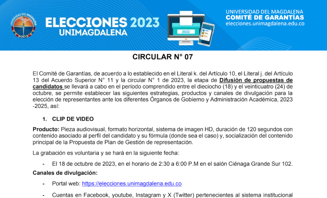 CIRCULAR N° 007 DE 2023 - ELECCIONES UNIMAGDALENA 2023