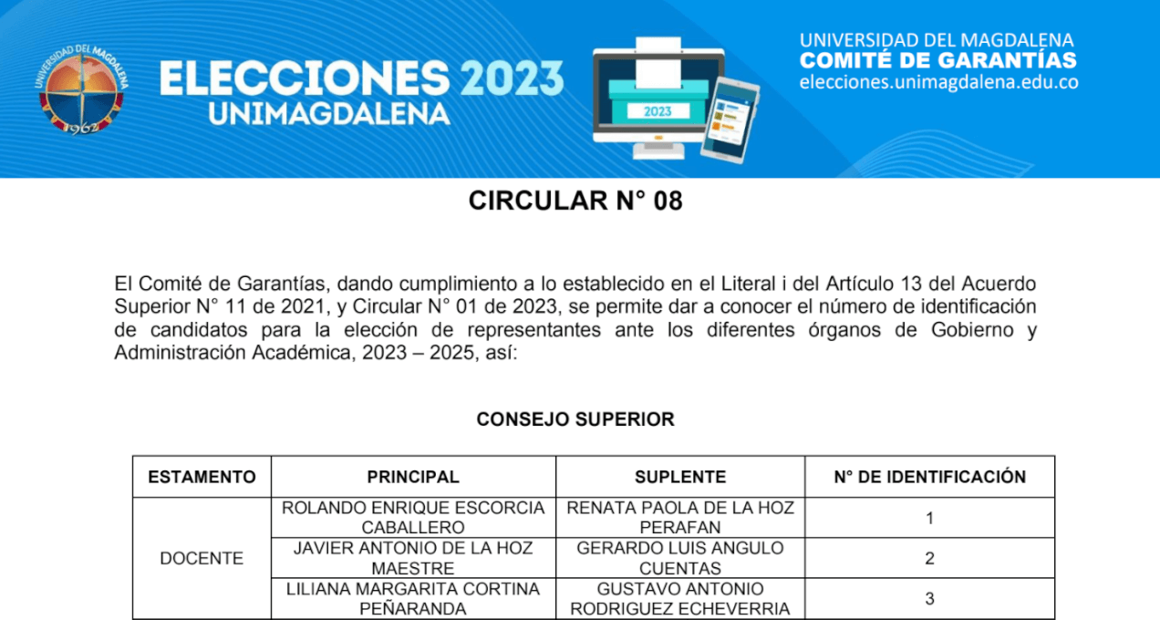 CIRCULAR N° 008 DE 2023 - ELECCIONES UNIMAGDALENA 2023