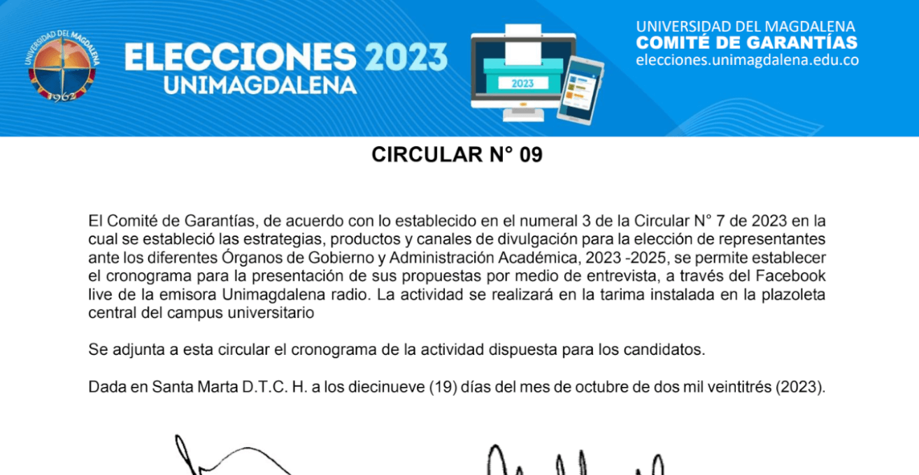 CIRCULAR N° 009 DE 2023 - ELECCIONES UNIMAGDALENA 2023