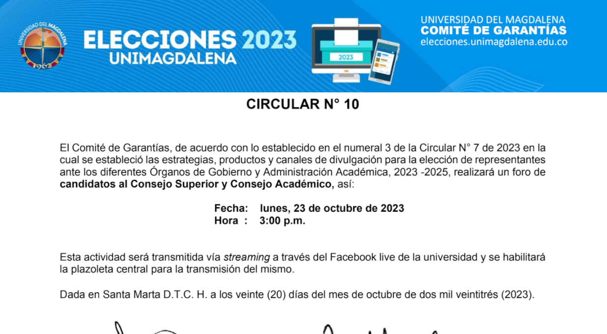 CIRCULAR N° 010 DE 2023 - ELECCIONES UNIMAGDALENA 2023