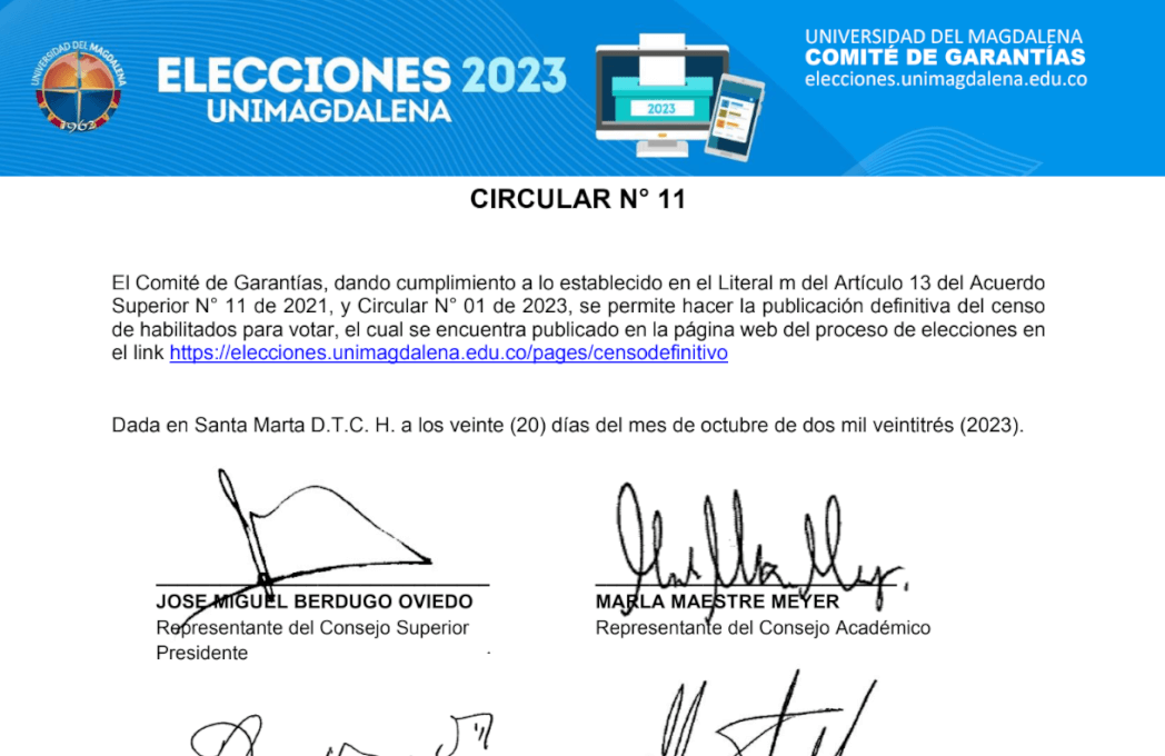 CIRCULAR N° 011 DE 2023 - ELECCIONES UNIMAGDALENA 2023