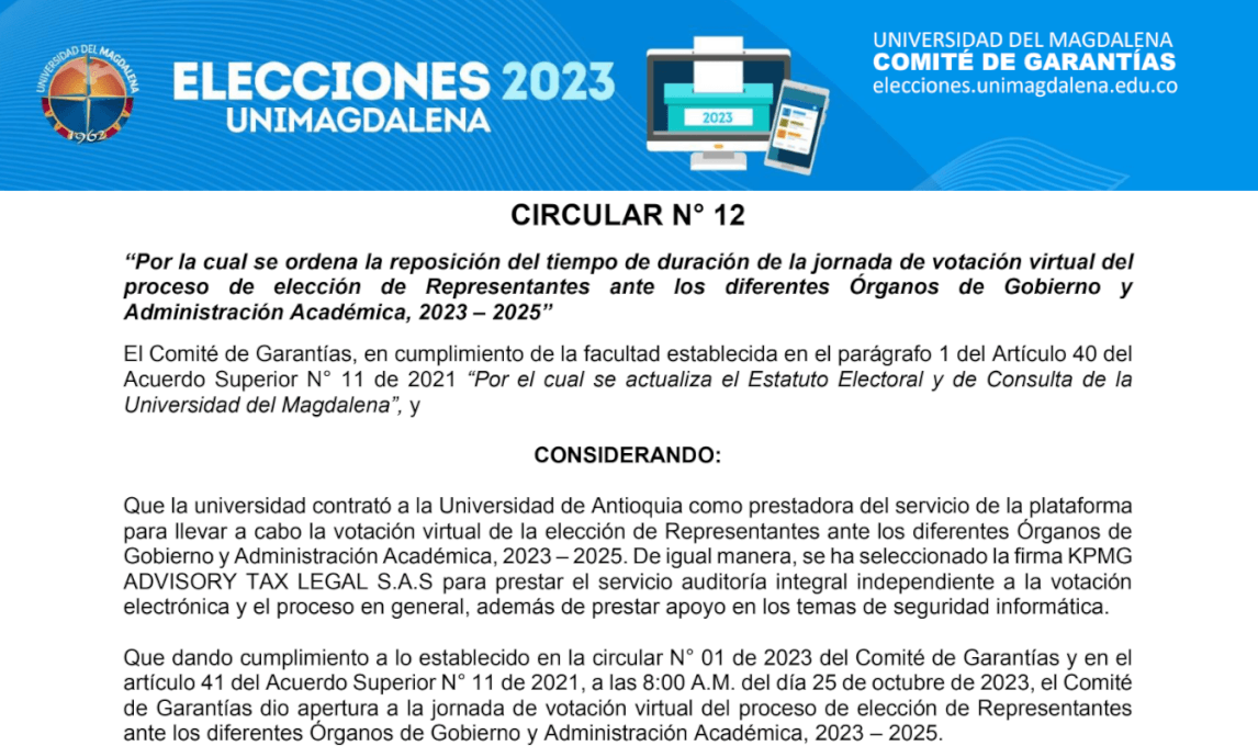 CIRCULAR N° 012 DE 2023 - ELECCIONES UNIMAGDALENA 2023