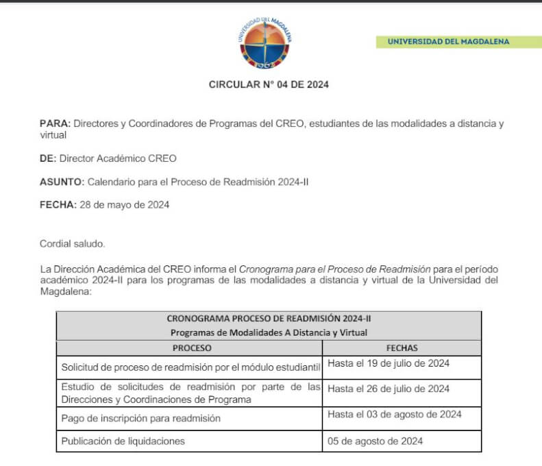 Circular 04 28 de mayo 2024
Calendario proceso de readmisión 2024-2