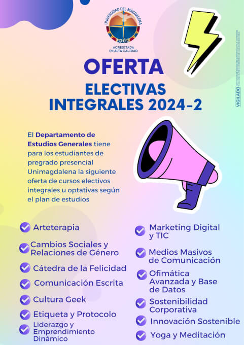 El Departamento de Estudios Generales tiene  en su oferta de asignaturas electivas integrales u optativas según el plan de estudios para los estudiantes de pregrado presencial Unimagdalena activos para el periodo 2024-2.