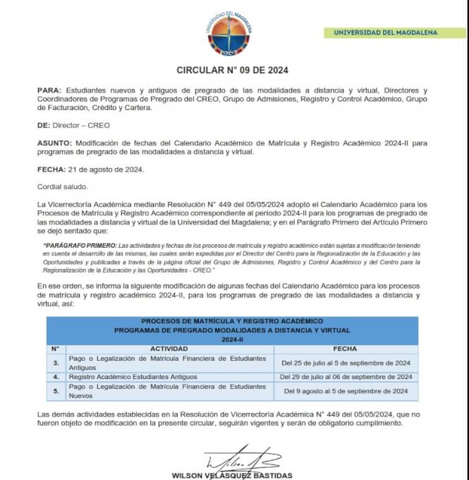 Circular de ampliación de matricula y registro académico 2024-2