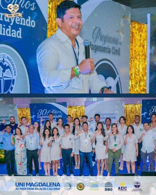Estudiantes, egresados y docentes del Programa de Ingeniería Civil de la Universidad del Magdalena celebrando los 30 años del programa durante la XII Jornada de Actualización con actividades académicas, culturales y de integración.