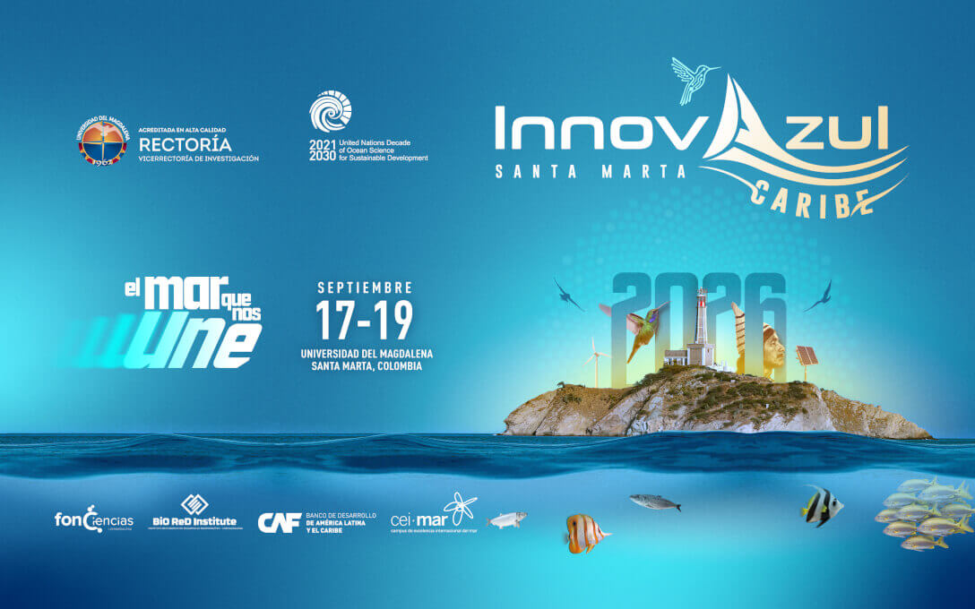 Afiche de InnovAzul Caribe 2026 "El Mar Que Nos Une": islote con faro, molino eólico y panel solar sobre el mar; logo del evento, Universidad del Magdalena y aliados (CAF, CEI-Mar, BioReD, Fonciencias); Santa Marta, 17-19 de septiembre.