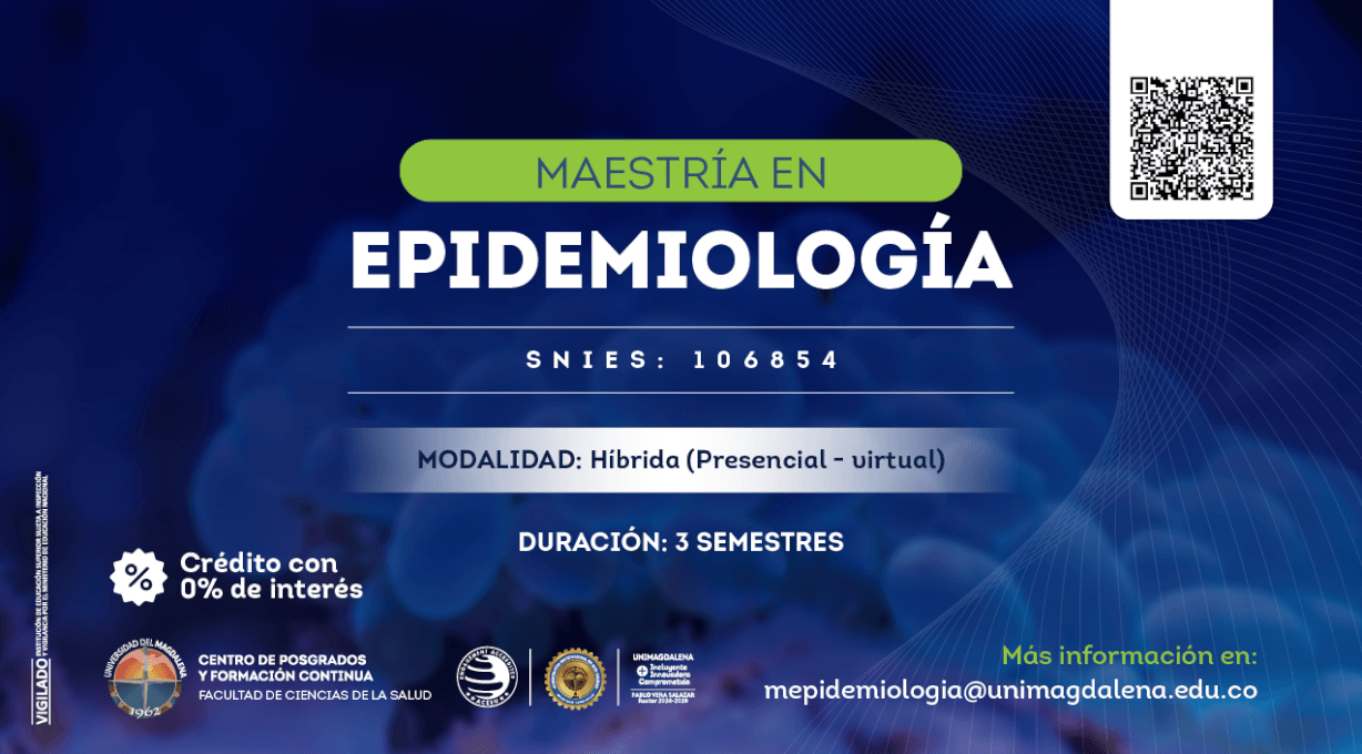 Banner Maestría en Epidemiología: modalidad híbrida, 3 semestres, SNIES 106854, info y QR